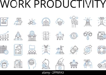 Raccolta di icone della linea di produttività del lavoro. Gestione del tempo, efficienza del lavoro, completamento delle attività, qualità dell'output, percentuale di prestazioni, Quantità di output Illustrazione Vettoriale