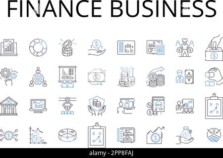 Raccolta di icone della linea di business finanziaria. Settore contabile, mondo bancario, settore d'investimento, settore dentario, mercato finanziario, Il regno fiscale, economico Illustrazione Vettoriale