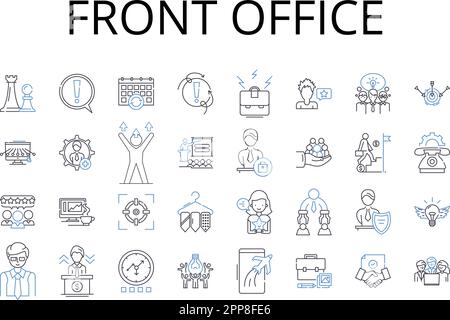 Collezione di icone della linea del front Office. Area backstage, Servizio clienti, Reception, supporto amministrativo, Suite Executive, Centro servizi, ospiti Illustrazione Vettoriale