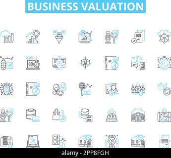 Set di icone lineari di valutazione aziendale. Valutazione, valutazione, patrimonio netto, attività, passività, NET Worth, vettore di linea e segnali concettuali finanziari. Flusso di cassa Illustrazione Vettoriale