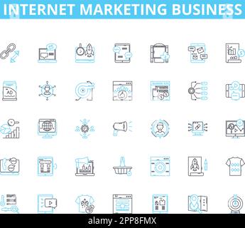 Internet marketing business lineare icone set. SEO, PPC, contenuti, analisi, social network, E-mail, vettore di linea mobile e segnali concettuali. Strategia,Branding Illustrazione Vettoriale