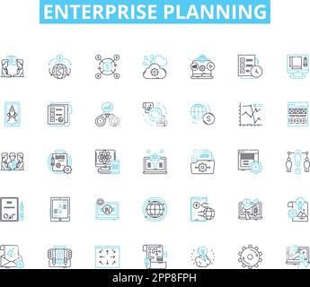 Set di icone lineari per la pianificazione aziendale. Strategia, bilancio, previsione, analisi, ottimizzazione, Esecuzione, progettazione vettore di linea e segnali concettuali Illustrazione Vettoriale