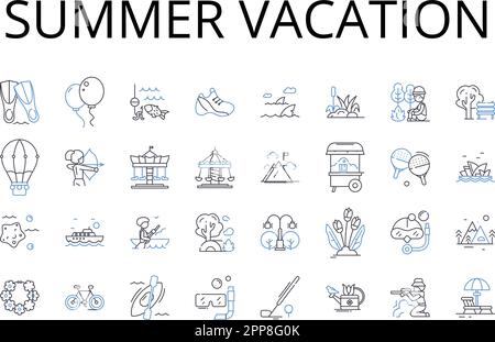 Estate linea vacanze collezione icone. Vacanza in spiaggia, pausa invernale, ritiro primaverile, fuga tropicale, fuga in montagna, Viaggio in strada, spedizione culturale Illustrazione Vettoriale