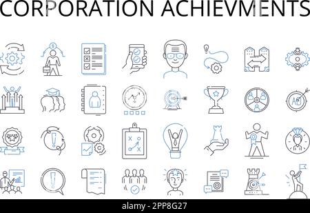Collezione di icone della linea di risultati aziendali. Successo aziendale, risultati aziendali, risultati aziendali, premi aziendali, triumfi dell'organizzazione Illustrazione Vettoriale