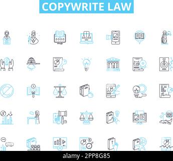 Set di icone lineari Copywrite Law. Violazione, plagio, copirigibilità, marchio, uso equo, Proprietario del copyright, vettore di linea di lavoro derivato e. Illustrazione Vettoriale