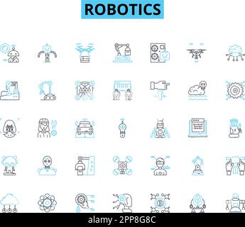 Set di icone lineari per robotica. Automazione, ai, Meccanica, programmazione, Sensori, Macchina, algoritmi vettore di linea e segnali concettuali. Innovazione, tecnologia Illustrazione Vettoriale