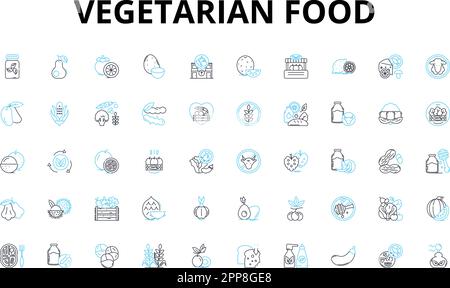 Set di icone lineari per alimenti vegetariani. Tofu, quinoa, lenticchie, ceci, tempeh, Seitan, simboli vettoriali di lievito nutrizionali e segni di concetto di linea. Soia Illustrazione Vettoriale