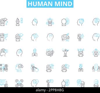 Set di icone lineari per la mente umana. coscienza, percezione, cognizione, emozione, memoria, intuizione, vettore di linea di ragionamento e segni concettuali. empatia Illustrazione Vettoriale