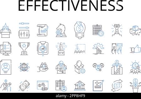 Raccolta di icone della linea di efficacia. Efficienza, produttività, capacità, potenza, prestazioni, Impotenza, vettore attitudinale e lineare Illustrazione Vettoriale