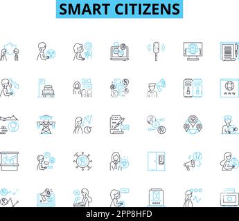 Set di icone lineari Smart Citizens. Connesso, digitale, innovativo, consapevole, proattivo, Segnali di concetto e vettori di linea collaborativi e impegnati. Efficiente Illustrazione Vettoriale