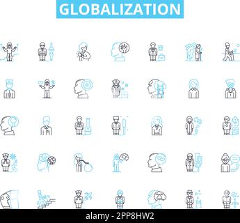 Icone lineari di globalizzazione impostate. Interconnessione, integrazione, interdipendenza, omogeneizzazione, scambi culturali, Standardizzazione Illustrazione Vettoriale