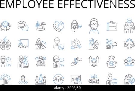 Raccolta di icone delle linee di efficacia dei dipendenti. Produttività dei team, gestione efficiente, capacità della forza lavoro, utilizzo delle risorse, efficacia operativa Illustrazione Vettoriale