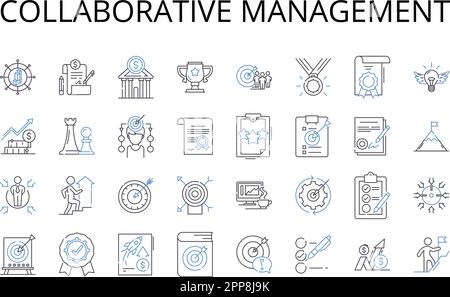 Raccolta di icone della linea di gestione collaborativa. Leadership cooperativa, amministrazione congiunta, governance unificata, direzione condivisa, interattiva Illustrazione Vettoriale