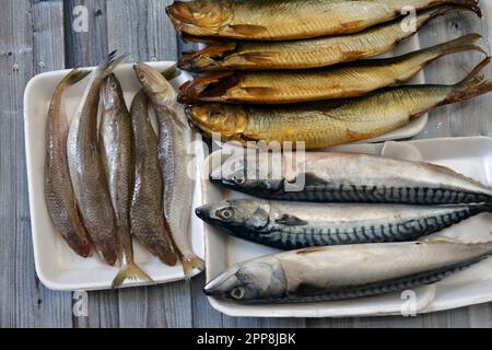 Vari tipi di pesci crudi di sgombro, Saurida undosquamis, il lucertola brushtooth, grinner su larga scala o saraceno largescale e salato affumicato Foto Stock