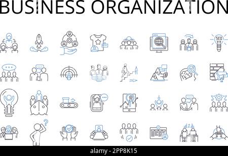 Raccolta di icone della linea dell'organizzazione aziendale. Entità aziendale, struttura aziendale, istituzione commerciale, struttura aziendale, Partnership Illustrazione Vettoriale