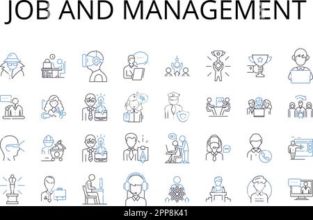 Raccolta delle icone della riga di gestione e dei lavori. Business e leadership, lavoro e supervisione, Carriera e coordinamento, occupazione e direzione, occupazione Illustrazione Vettoriale