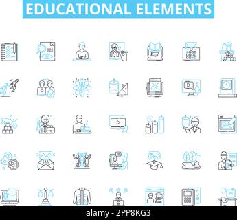 Set di icone lineari per elementi didattici. Curriculum, piani delle lezioni, valutazioni, insegnamento, apprendimento, Istruzioni, linee vettoriali e segnali concettuali dei libri di testo Illustrazione Vettoriale