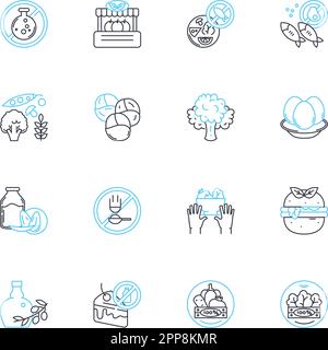 Set di icone vegane lineari. Pianta-basato, compassione, sostenibilità, etica, salute, Segnali vettoriali e concettuali non lattiero-caseari per animali domestici. Senza carne Illustrazione Vettoriale