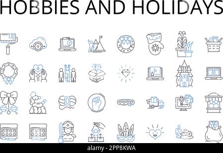 Hobby e vacanze linea icone collezione. Passatempi, attività ricreative, attività, interessi, deviazioni, Ricreazioni, divertimenti vettoriali e lineari Illustrazione Vettoriale