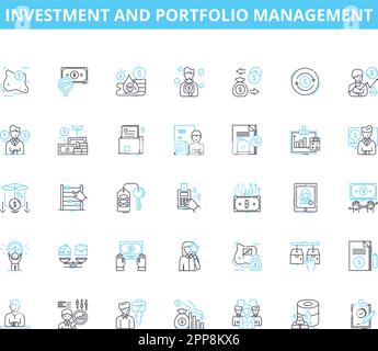 Set di icone lineari per la gestione degli investimenti e del portafoglio. Diversificazione, rendimento, allocazione degli asset, tolleranza al rischio, rendimento, Conservazione del capitale Illustrazione Vettoriale