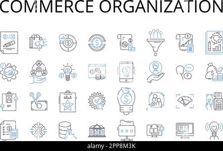 Collezione di icone di linea di organizzazione di commercio. Entità commerciale, Società commerciale, Istituto finanziario, Società di Merchandise, Market Establishment Illustrazione Vettoriale