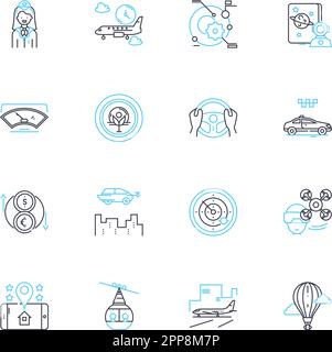Icone lineari di volo impostate. Decollo, atterraggio, piloti, passeggeri, linea aerea, Aerei, vettore di linea del cielo e segnali concettuali. Viaggi, imbarco, Cockpit contorno Illustrazione Vettoriale