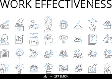 Raccolta di icone della linea di efficacia del lavoro. Sinergia del team, coinvolgimento dei dipendenti, efficienza delle attività, produttività delle riunioni, gestione del tempo, Utilizzo delle competenze Illustrazione Vettoriale