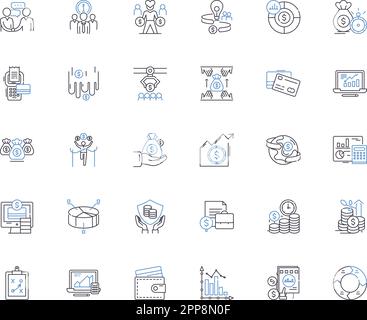 Collezione di icone di linea di dominio di investimento. Diversificazione, portafoglio, rischio, rendimento, equità, Bond, vettore di Commodity e illustrazione lineare. Risorsa Illustrazione Vettoriale