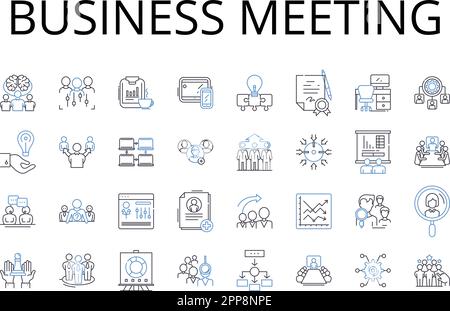 Collezione di icone della linea di riunione aziendale. Team building, riunione del consiglio di amministrazione, presentazione delle vendite, conference call, sessione esecutiva, Briefing in ufficio, barzaietta del personale Illustrazione Vettoriale