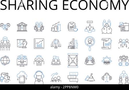 Condivisione della collezione di icone linea Economy. Gig Economy, consumo collaborativo, peer-to-peer, Social Business, Community Building, Co-creazione, Co Illustrazione Vettoriale