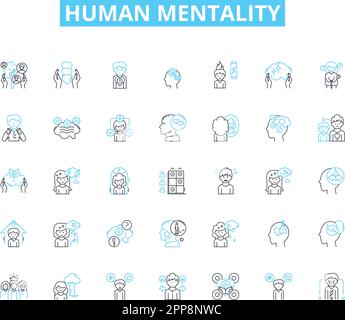Set di icone lineari per la mentalità umana. Capacità, percezione, emozione, intelligenza, istinto, Resilienza, creatività vettore di linea e segnali concettuali Illustrazione Vettoriale