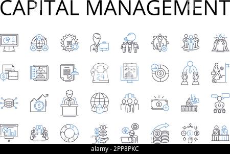 Collezione icone della linea di gestione del capitale. Controllo del bilancio, pianificazione fiscale, allocazione delle risorse, strategia di Mentia, amministrazione dei fondi, Gestione del Tesoro Illustrazione Vettoriale