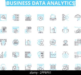 Set di icone lineari per l'analisi dei dati aziendali. Informazioni, metriche, visualizzazione, dashboard, ottimizzazione, Dati, vettore di linea di analisi e segnali concettuali Illustrazione Vettoriale