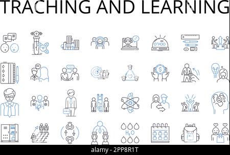 Raccolta di icone della linea di apprendimento e di traching. Creare insegnamento, esplorare l'apprendimento, condividere conoscenze, sviluppare competenze, educare gli studenti Illustrazione Vettoriale