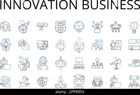 Collezione di icone della linea di business Innovation. Creatività design, Progression Improvement, Ingenuity Technology, progresso sviluppo, evoluzione Illustrazione Vettoriale