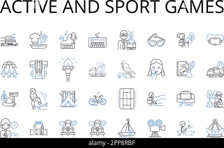 Giochi attivi e sportivi linea icone collezione. Sport dinamici, giochi ad alta energia, attività atletiche vigorose, attività ricreative vivaci, fisico robusto Illustrazione Vettoriale