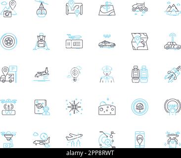 Icone lineari di volo impostate. Decollo, atterraggio, piloti, passeggeri, linea aerea, Aerei, vettore di linea del cielo e segnali concettuali. Viaggi, imbarco, Cockpit contorno Illustrazione Vettoriale