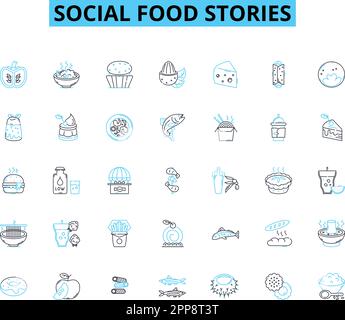 Storie di cibo sociale icone lineari set. Gastronomia, culinaria, Ricette, ingredienti, cucinare, Blogging, vettore di linea di condivisione e segnali di concetto. Comunità Illustrazione Vettoriale