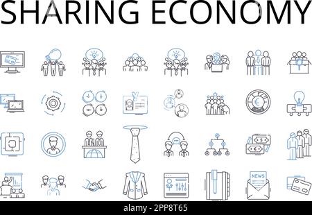 Condivisione della collezione di icone linea Economy. Gig Economy, consumo collaborativo, peer-to-peer, Social Business, Community Building, Co-creazione, Co Illustrazione Vettoriale