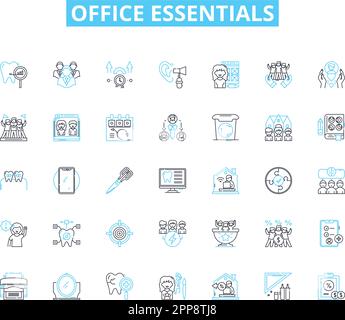 Set di icone lineari Office Essentials. Scrivania, sedia, computer, penna, notebook, Pinzatrice, vettore di linee delle buste e segnali concettuali. Graffette, forbici, nastro Illustrazione Vettoriale