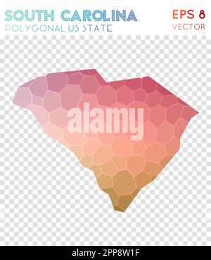Mappa poligonale del South Carolina, stile mosaico, stato degli Stati Uniti. Stile basso polietilene mozzafiato, design moderno. Illustrazione Vettoriale