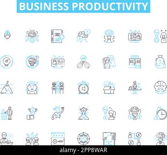 Set di icone lineari per la produttività aziendale. Efficienza, ottimizzazione, semplificazione, innovazione, tempestività, Pianificazione, vettore di linea di collaborazione e. Illustrazione Vettoriale