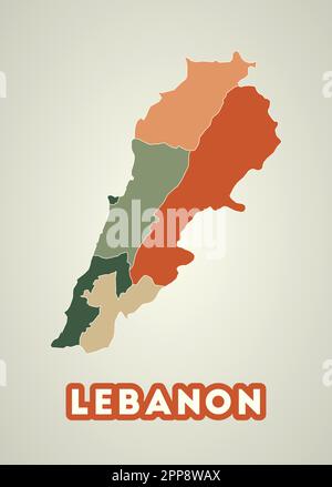 Poster del Libano in stile retrò. Mappa del paese con regioni nella tavolozza dei colori autunnali. Forma del Libano con nome del paese. Illustrazione Vettoriale