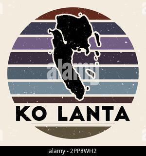 Logo Ko Lanta. Segno con la mappa di isola e strisce colorate, illustrazione vettoriale. Può essere utilizzato come insegna, logotipo, etichetta, adesivo o badge di Illustrazione Vettoriale