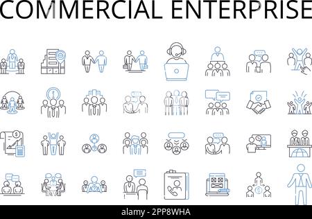 Collezione di icone della linea aziendale commerciale. Impresa di affari, operazione di commercio, inseguimento imprenditoriale, impresa economica, finanziario Illustrazione Vettoriale