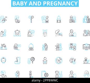 Set di icone lineari per neonati e gravidanze. Neonato, maternità, feto, ventre, utero, Travaglio, vettore di linea di Concezione e segni di concetto. Ecografia, pannolino Illustrazione Vettoriale