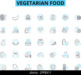 Set di icone lineari per alimenti vegetariani. Tofu, quinoa, lenticchie, ceci, tempeh, Seitan, vettore nutrizionale di linea del lievito e segni di concetto. Soia, jackfruit Illustrazione Vettoriale