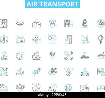 Set di icone lineari per il trasporto aereo. Volo, aereo, Jet, elicottero, Aeroporto, Pista, vettore di linea di Takeoff e segnali concettuali. Atterraggio, altitudine, profilo cabina Illustrazione Vettoriale