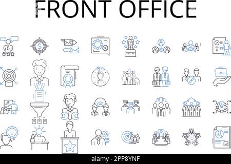 Collezione di icone della linea del front Office. Area backstage, Servizio clienti, Reception, supporto amministrativo, Suite Executive, Centro servizi, ospiti Illustrazione Vettoriale