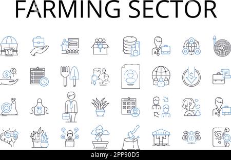 Raccolta di icone delle linee del settore agricolo. Settore agricolo, campo di coltivazione, settore di raccolta, attività di ranching, regno di Tillage, Campo di Agronomia Illustrazione Vettoriale